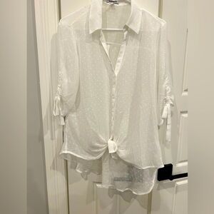 Express Button Down High Low White Clip Dot Top Size Large